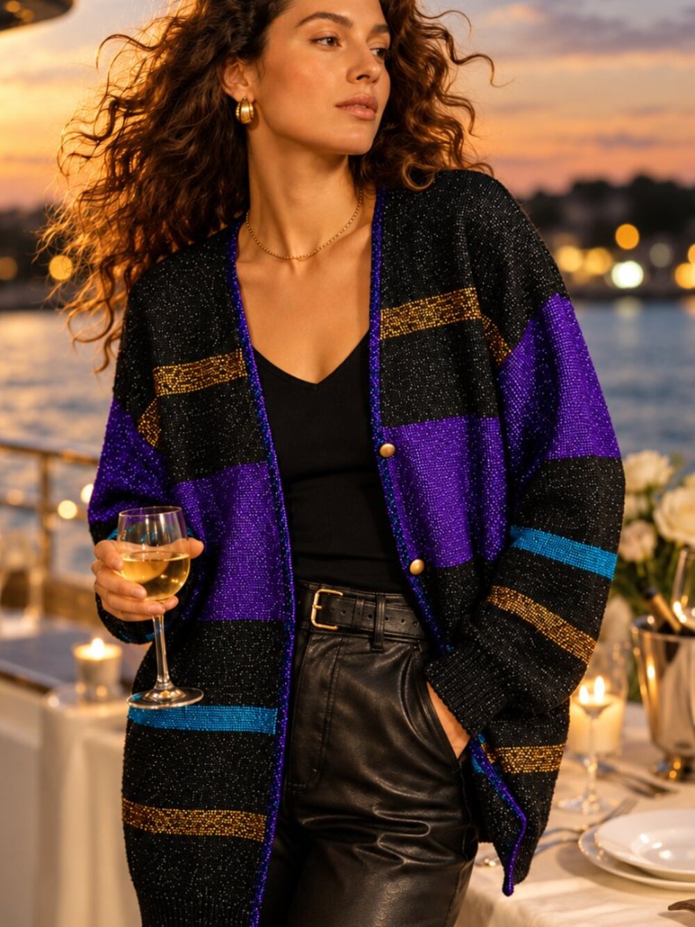 I.B. Diffusion Metallic Lambswool Cardigan Purple Gold Lurex Knit New